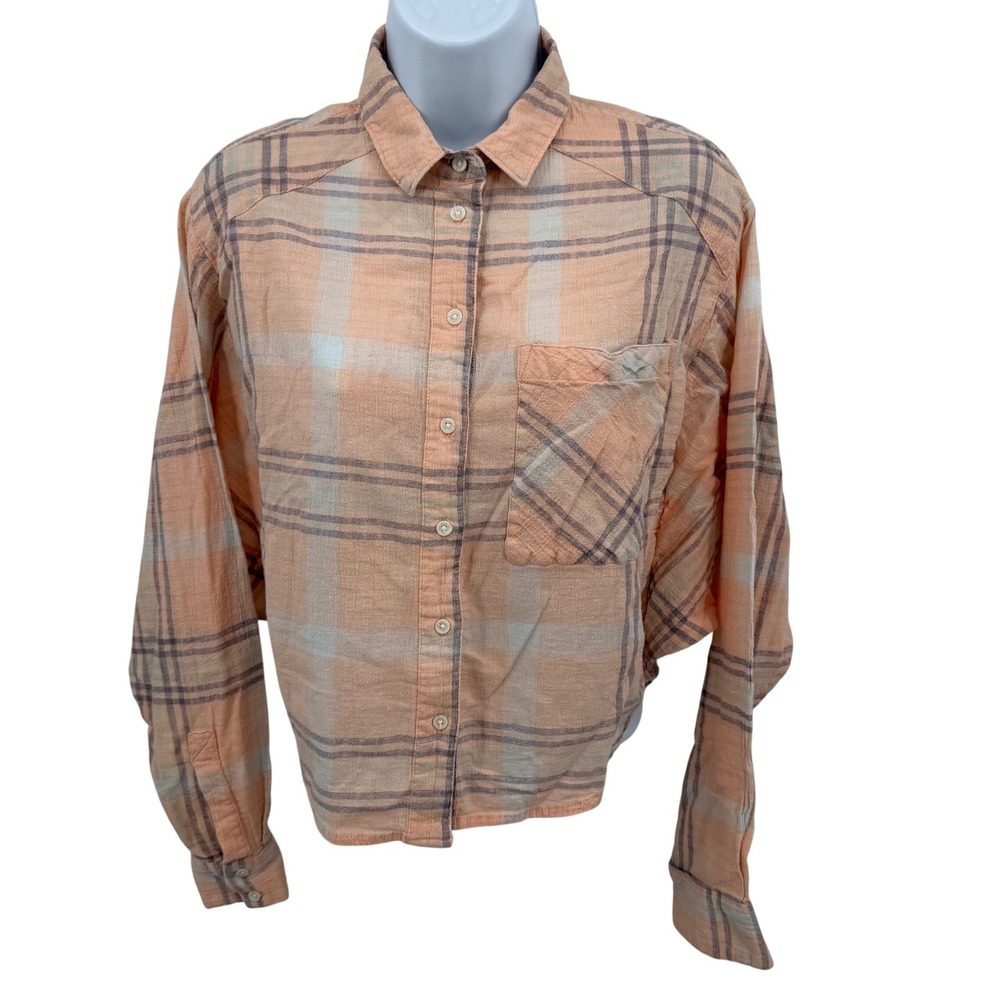 Free People XSP Shirt Plaid Button Down Peach‎ Casual Boho Chic Layering Coastal